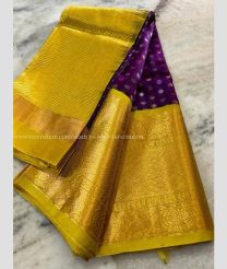 Purple and Golden Yellow color mangalagiri pattu handloom saree with kuppadam border design -MAGP0026550