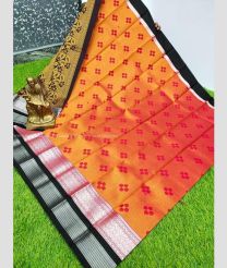 Orange and Black color Chenderi silk handloom saree with all over flower buties design -CNDP0015944