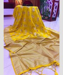 Yellow and Cream color silk sarees with all over silver jari meenakari gulab buties with jari woven border design -SILK0017382