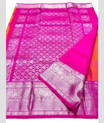 Orange and Pink color venkatagiri pattu handloom saree with all over silver jari buties design -VAGP0000871