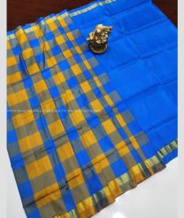 Mustard Yellow and Blue color Uppada Soft Silk handloom saree with all over big checks saree design -UPSF0001859