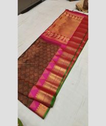 Brown and Pink color gadwal pattu handloom saree with temple and kuthu border design -GDWP0001749