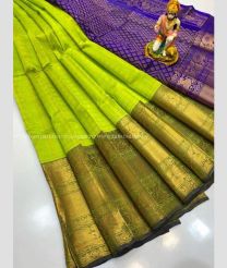 Parrot Green and Purple Blue color kuppadam pattu handloom saree with all over checks and buties design -KUPP0096742
