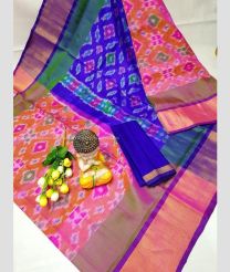 Orange and Blue color uppada pattu handloom saree with all over pochampally design -UPDP0021206