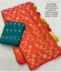 Orange and Teal color Banarasi sarees with all over jari woven design -BANS0018815