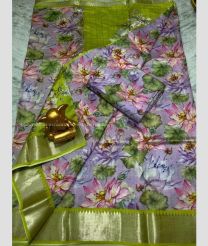 Lavender and Leafy Green color mangalagiri pattu handloom saree with all over digital printed with 150 by 50 jari border design -MAGP0026236