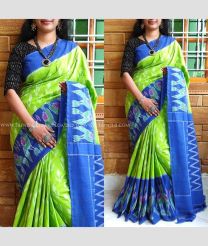 Light Green and Dark Blue color pochampally Ikkat cotton handloom saree with all over pochamally design -PIKT0000071