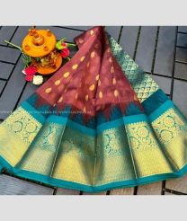 Chestnut and Blue Ivy color Chenderi silk handloom saree with all over buties with temple kuppadam border design -CNDP0016101