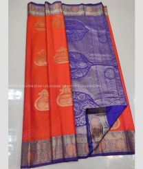 Orange and Royal BLue color soft silk kanchipuram handloom saree with peacock buta design -KASS0000110