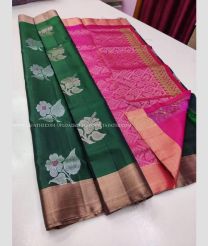 Dark Green and Pink color soft silk kanchipuram sarees with zari border design -KASS0000419