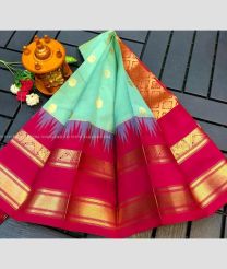 Turquoise and Deep Pink color Chenderi silk handloom saree with all over buties with temple kuppadam border design -CNDP0016102