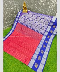 Pink and Blue color Chenderi silk handloom saree with all over checks with buties border design -CNDP0012969