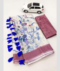 Half White and Maroon color linen sarees with all over digital printed with silver jari border design -LINS0003541