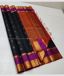 Black and Dark Orange color soft silk kanchipuram sarees with all over buties and checks with double warp border design -KASS0000979