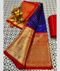 Blue and Red color kuppadam pattu handloom saree with all over checks and buties saree design -KUPP0025932