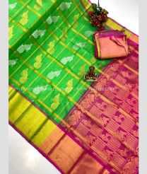 Parrot Green and Magenta color Kollam Pattu handloom saree with all over checks with peacock buties design -KOLP0000811