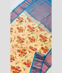 Cream and Aqua Blue color gadwal pattu handloom saree with kalamkari design sarees -GDWP0000685