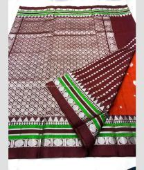 Deep Orange and Chocolate color venkatagiri pattu handloom saree with all over silver buties design -VAGP0000737