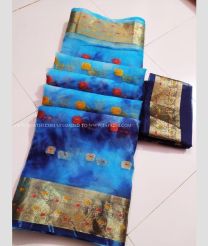 Blue and Navy Blue color Organza sarees with all over meena buties with heavy jari border design -ORGS0003346