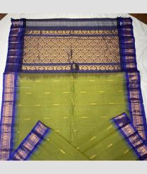 Mehendi Green and Blue color gadwal cotton handloom saree with temple and kuthu border design -GAWT0000288