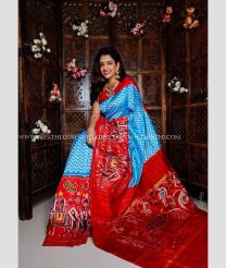 Sky Blue and Red color pochampally ikkat pure silk handloom saree with leheriya design -PIKP0018128