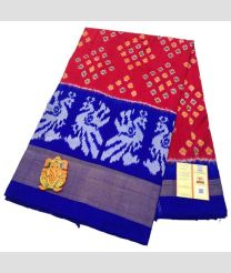 Red and Blue color pochampally ikkat pure silk handloom saree with pochampalli border saree design -PIKP0016515