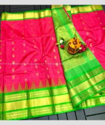 Pink and Parrot Green color kuppadam pattu handloom saree with all over buties with special kanchi pletu temple border design -KUPP0096851