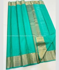 Turquoise and Golden color kanchi pattu handloom saree with plain design -KANP0012917