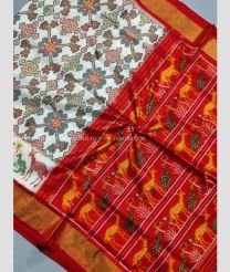 Cream and Red color pochampally ikkat pure silk handloom saree with all over pochampally design with tissue border -PIKP0019515