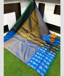 Blue and Golden Brown color Uppada Tissue handloom saree with plain and mla buties design -UPPI0001610