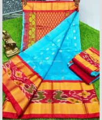 Sky Blue and Red color Kollam Pattu handloom saree with plain with pochampalli border design -KOLP0001458