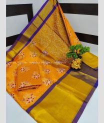 Orange and Purple color Uppada Soft Silk handloom saree with all over flower printed design -UPSF0003288