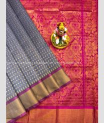Grey and Magenta color Kollam Pattu handloom saree with all over checks and buties design -KOLP0001012