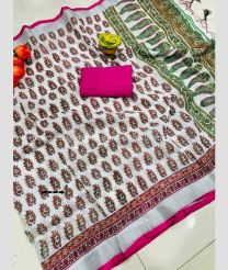 Half White and Pink color linen sarees with 3 and 3 silver pure zari patta with kolkata hand table  printed design -LINS0002939
