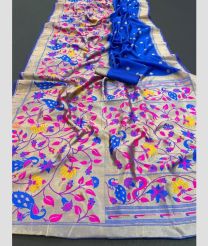 Blue and Cream color paithani sarees with all over meenakari with pannel border design -PTNS0005250