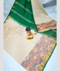 Cream and Pine Green color Tripura Silk handloom saree with plain with big pochampally ikkat border design -TRPP0008502