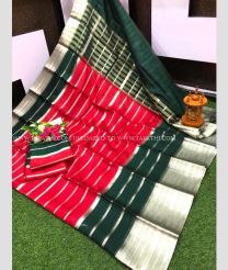 Red and Forest Fall Green color Kora handloom saree with all over stripes design -KORS0000132