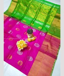 Pink and Parrot Green color uppada pattu handloom saree with all over buties and checks with kaddi border design -UPDP0021186