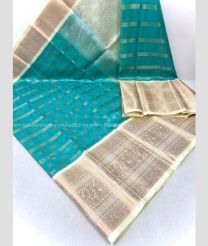 Blue Turquoise and Half White color kuppadam pattu handloom saree with all over buties with kuppadam kanchi border design -KUPP0097031