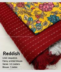 Red and Yellow color linen sarees with all over self woven checks and golden pattu border design -LINS0003668