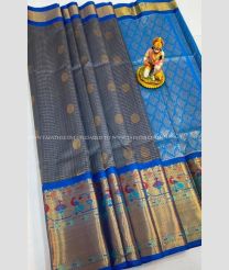 Grey and Blue color kuppadam pattu handloom saree with kanchi border design -KUPP0097120