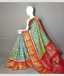 Sky Blue and Tomato Red color pochampally ikkat pure silk handloom saree with kanchi border design -PIKP0037205