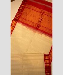 Cream and Red color gadwal cotton handloom saree with temple kuthu border design -GAWT0000282