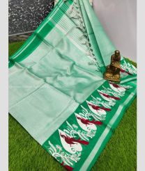 Lite Aquamarine and Dark Green color linen sarees with all over embroidery hand work buties with tissue border design -LINS0003575