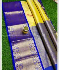 Lemon Yellow and Blue color Chenderi silk handloom saree with all over buties with kanchi kuppadam border design -CNDP0015744
