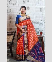 Tomato Red and Navy Blue color Ikkat sico sarees handloom saree with All over Pochampally design-IKSS0000055
