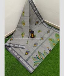 Grey and Green color Uppada Cotton handloom saree with all over brush printed design -UPAT0004411