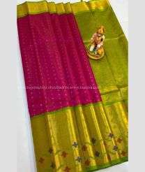 Pink and Parrot Green color kuppadam pattu handloom saree with kanchi border design -KUPP0097128
