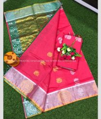 Pine Green and Pink color Chenderi silk handloom saree with all over buties with silver border design -CNDP0015017