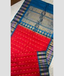 Red and Blue color gadwal pattu handloom saree with all over buties with temple kuthu interlock weaving system border design -GDWP0001594